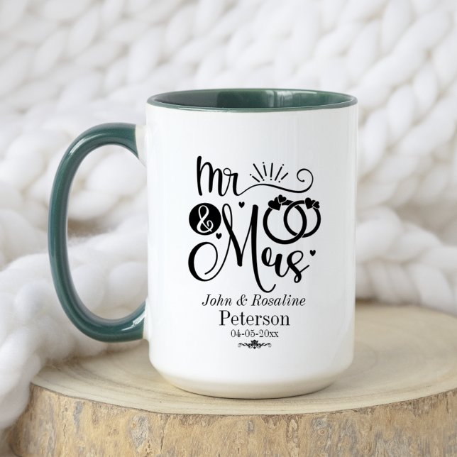 Black Rustic Name Date Wedding Couple Announcement Mug (Front Side with Custom Name and Date option)