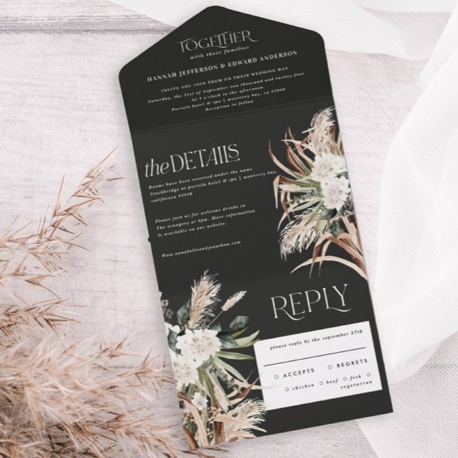  black rustic pampas eucalyptus wedding  all in one invitation (Creator Uploaded)