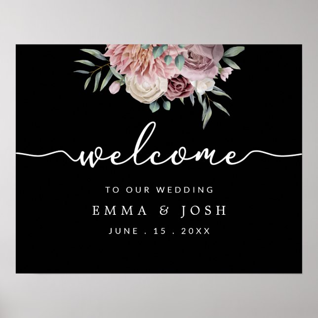 Black Rustic Pink Floral Wedding Welcome Sign (Front)