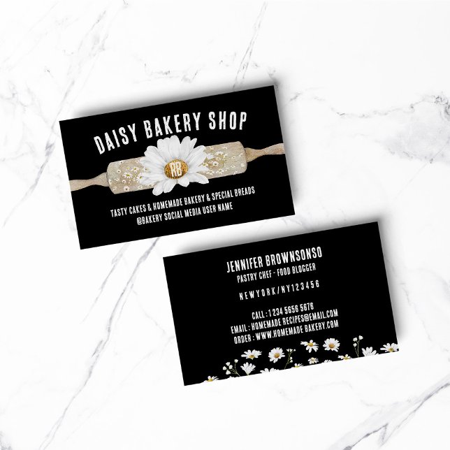 Black Rustic Style Daisy Flower Bakery Business Card (BAKERY PASTRY CHEF COOK CAKE event planner business)
