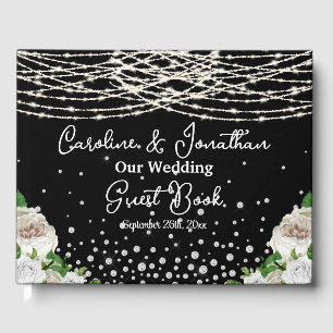 Black Rustic White Roses String Lights Wedding Guest Book