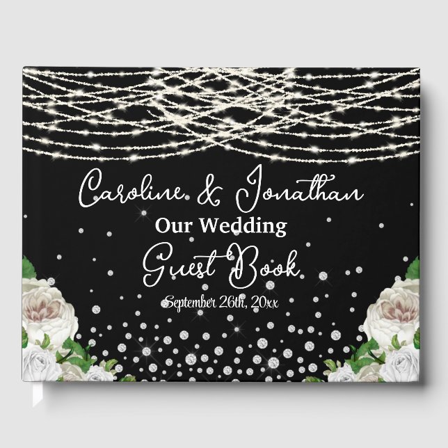 Black Rustic White Roses String Lights Wedding Guest Book (Front)