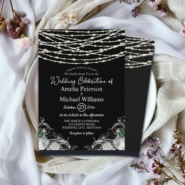 Black Rustic White Roses String Lights Wedding Invitation (Creator Uploaded)