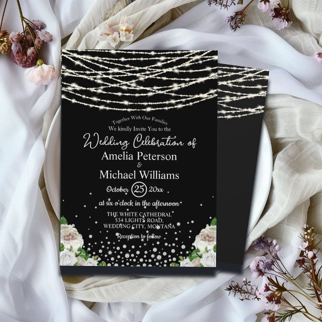 Black Rustic White Roses String Lights Wedding Invitation (Creator Uploaded)