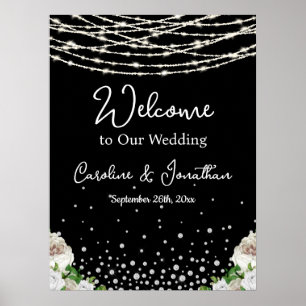 Black Rustic White Roses String Lights Welcome Poster