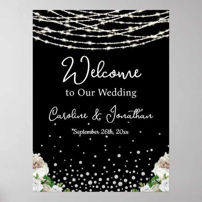 Black Rustic White Roses String Lights Welcome Poster (Front)