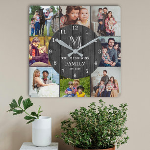 Black Rustic Wood 8 Photo Collage Family Monogram Square Wall Clock