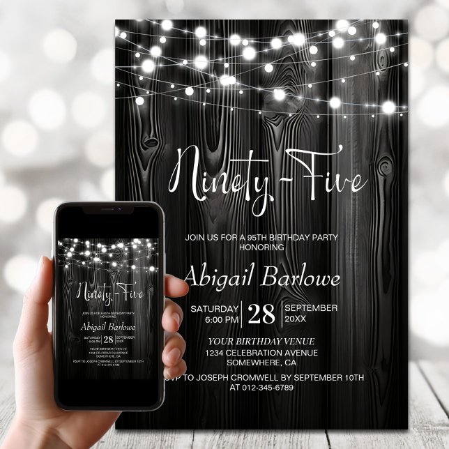 Black Rustic Wood 95th Birthday Party Invitation (Creator Uploaded)