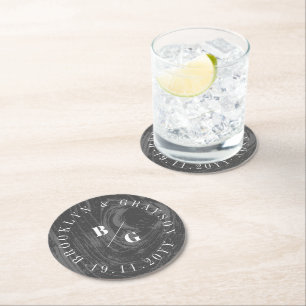 Black Rustic Woodgrain Texture Chic Winter Wedding Round Paper Coaster
