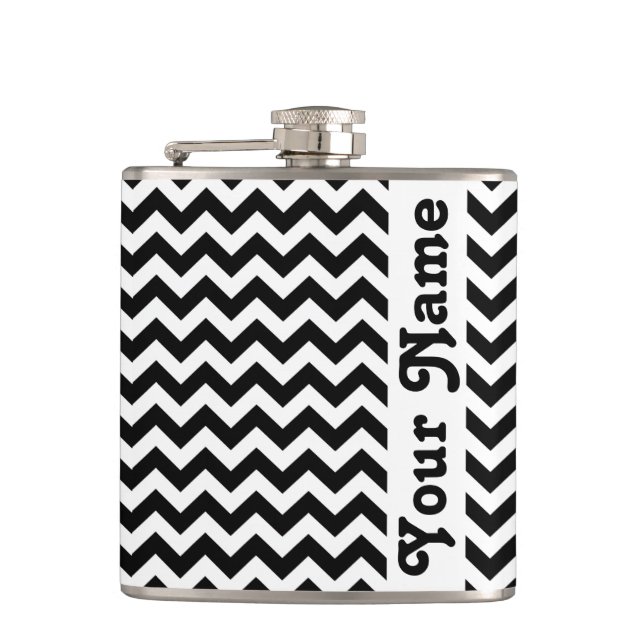 Black Safari Chevron with customisable name Hip Flask (Front)