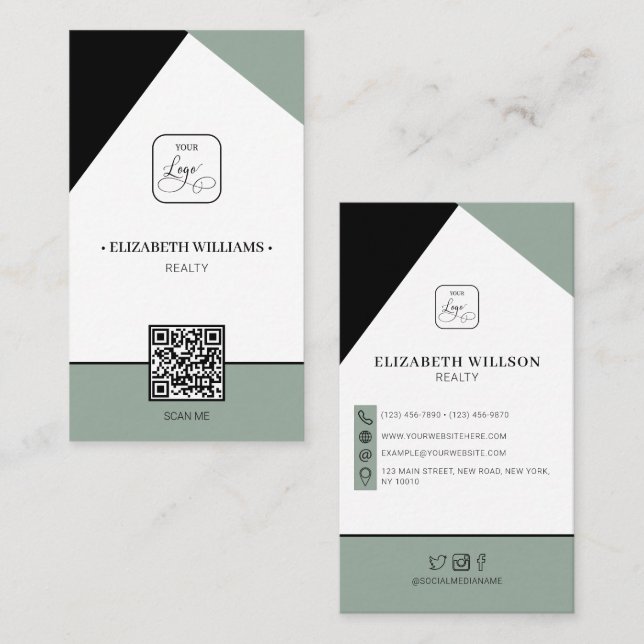 Black Saga Green Custom Business Logo & QR Code Card (Front/Back)