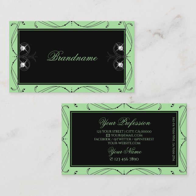 Black Sage Green Sparkle Jewels Ornate Ornaments Business Card (Front/Back)