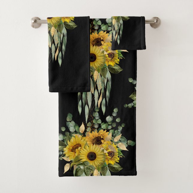 BLACK SAGE GREEN SUNFLOWER BATHROOM TOWEL SET (Insitu)