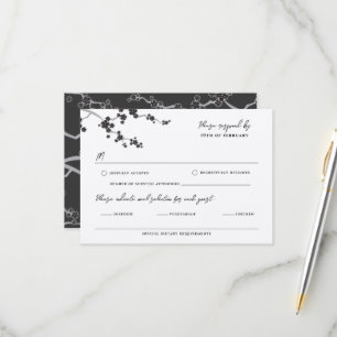 Black Sakura Cherry Blossom Elegant Asian Wedding RSVP Card