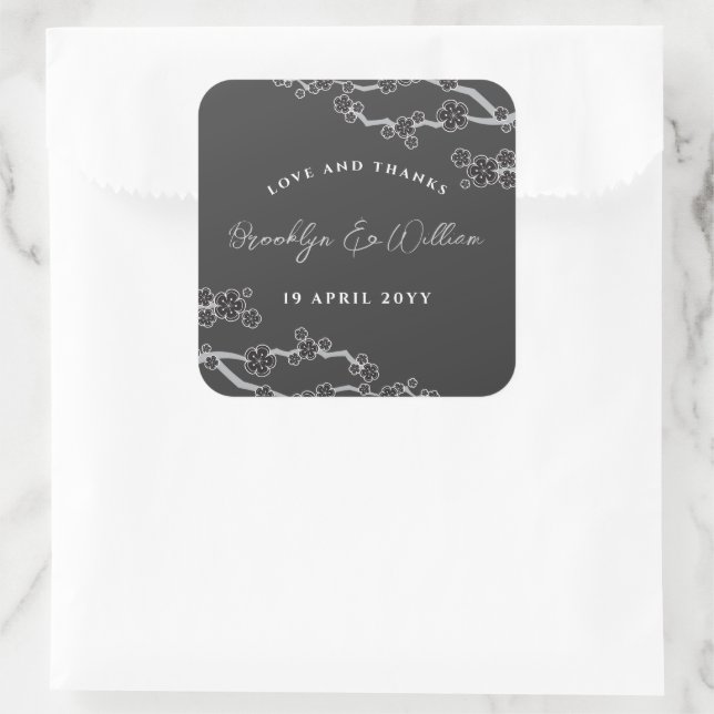 Black Sakura Cherry Blossoms Stylish Asian Wedding Square Sticker (Bag)