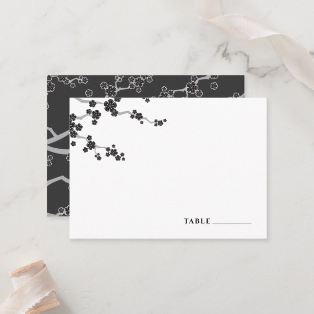 Black Sakura Flowers Cherry Blossoms Zen Wedding Place Card (Front/Back In Situ)