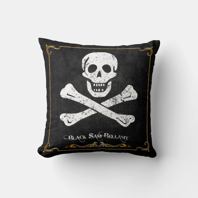 Black Sam Bellamy Skull & Bones Pirate Flag Pillow (Front)