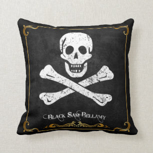Black Sam Bellamy Skull & Bones Pirate Flag Pillow
