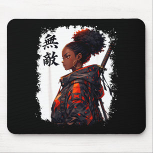 Black samurai girl anime warrior afro african mouse pad