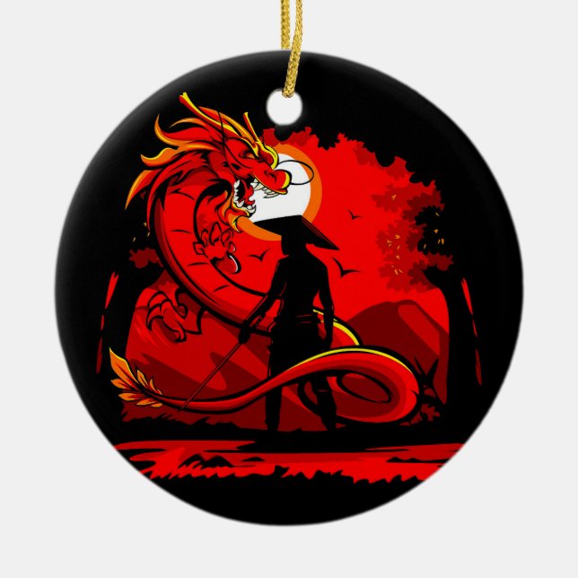 Black Samurai Red Dragon Japanese Style Artwork | Ceramic Ornament (Front)