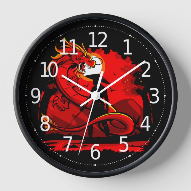 Black Samurai Red Dragon Japanese Style Artwork | Clock (Front)