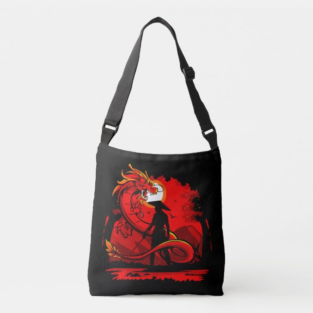 Black Samurai Red Dragon Japanese Style Artwork | Crossbody Bag (Front)