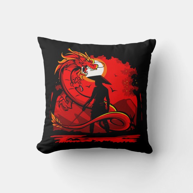 Black Samurai Red Dragon Japanese Style Artwork | Cushion (Front)