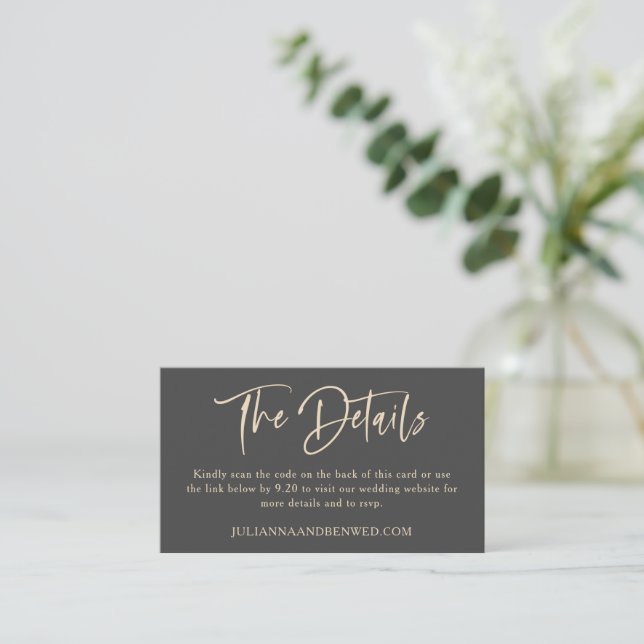 Black Sand Modern Script Wedding Website QR Code Enclosure Card (Standing Front)