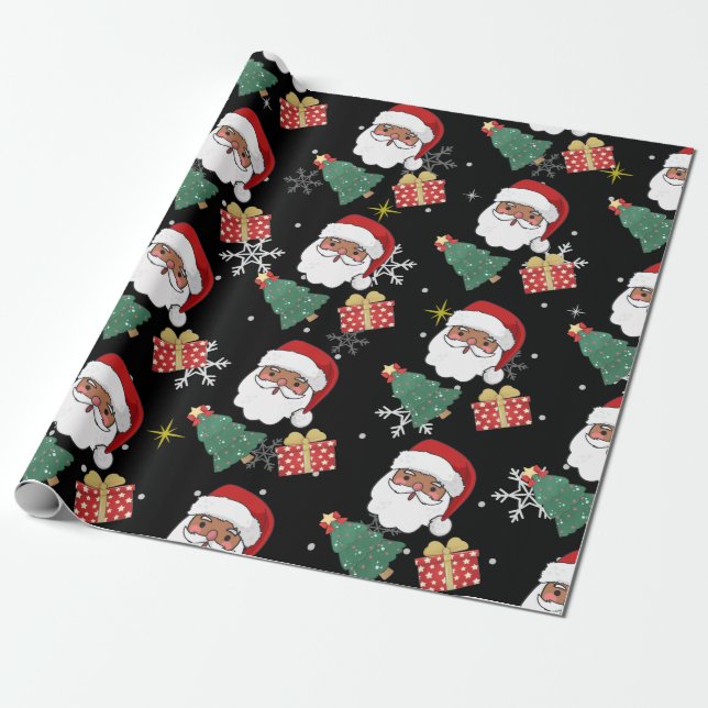 black Santa and Christmas Tree gift Wrapping Paper (Unrolled)