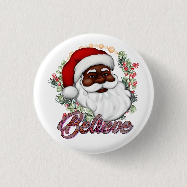 Black Santa Believe Melanin Man Christmas Cheer 3 Cm Round Badge (Front)
