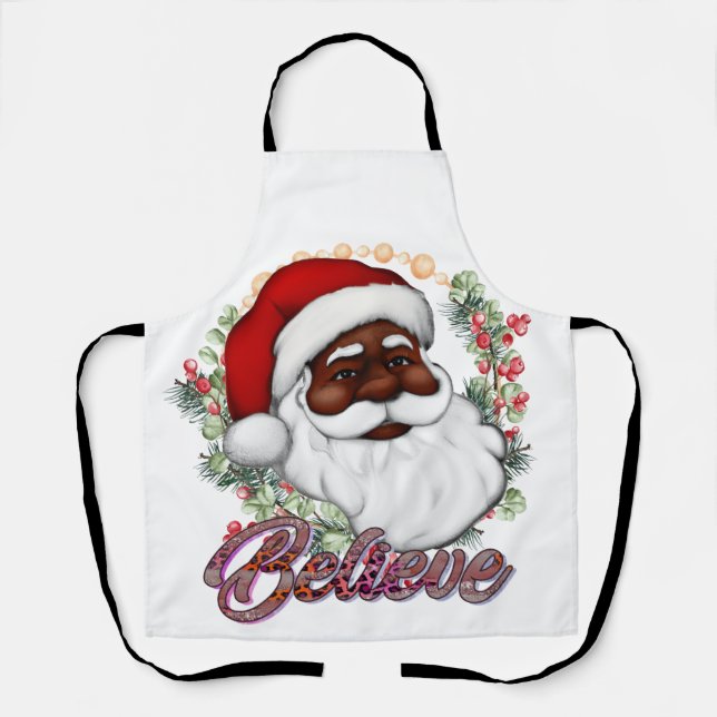 Black Santa Believe Melanin Man Christmas Cheer Apron (Front)
