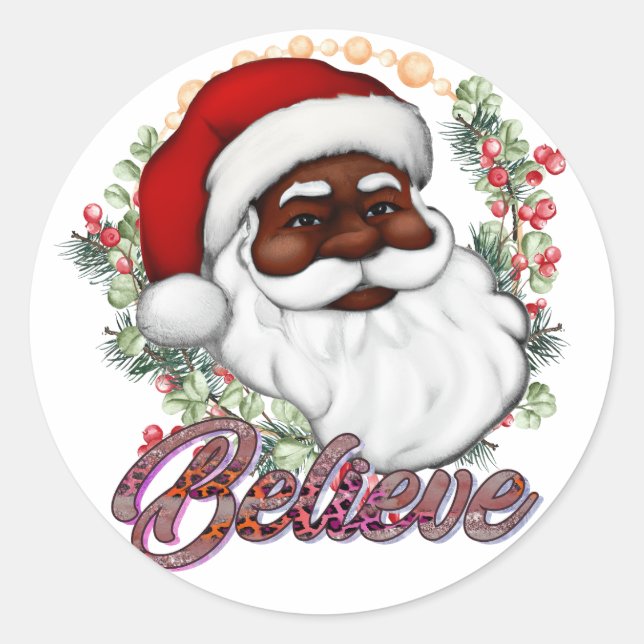 Black Santa Believe Melanin Man Christmas Cheer Classic Round Sticker (Front)