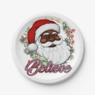 Black Santa Believe Melanin Man Christmas Cheer Paper Plate