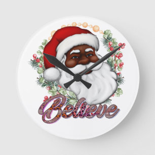 Black Santa Believe Melanin Man Christmas Cheer Round Clock