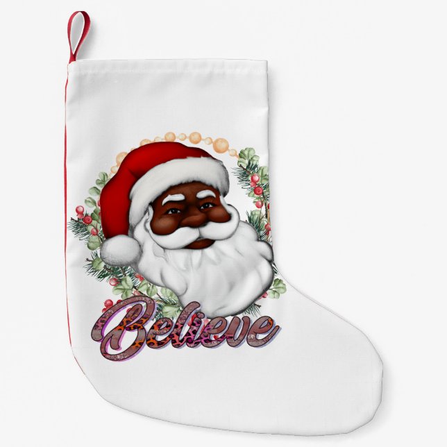 Black Santa Believe Melanin Man Christmas Cheer Small Christmas Stocking (Front)