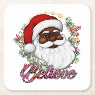 Black Santa Believe Melanin Man Christmas Cheer Square Paper Coaster