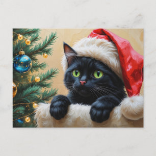 Black Santa Cat and Christmas Tree Holiday Postcard