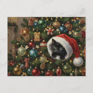 Black Santa Cat on Vintage Christmas Tree Holiday Postcard