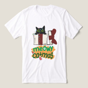 Black Santa Cat tangled in Christmas tree lights Tri-Blend Shirt