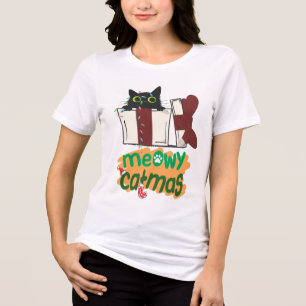Black Santa Cat tangled in Christmas tree lights Tri-Blend Shirt