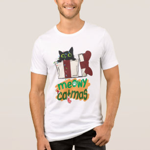 Black Santa Cat tangled in Christmas tree lights Tri-Blend Shirt