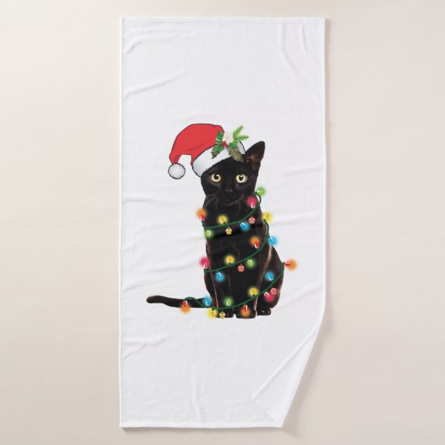 Black Santa Cat Tangled Up In Lights Christmas Bath Towel (Bath Towel)