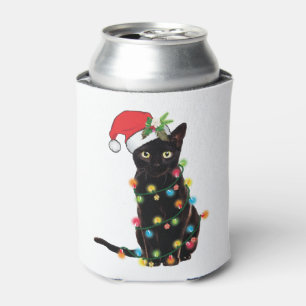 Black Santa Cat Tangled Up In Lights Christmas Can Cooler