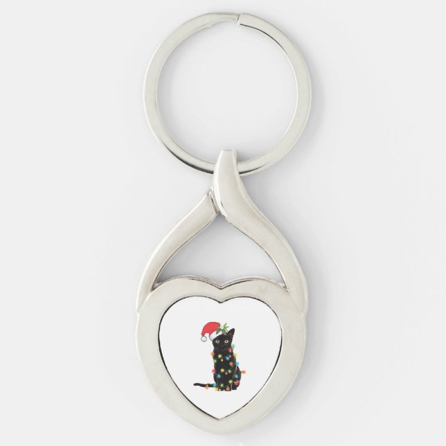 Black Santa Cat Tangled Up In Lights Christmas Key Ring (Front)