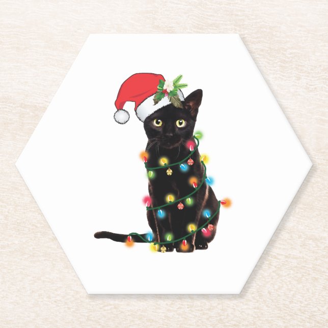 Black Santa Cat Tangled Up In Lights Christmas Paper Coaster (Front)