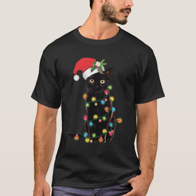 Black Santa Cat Tangled Up In Lights Christmas San T-Shirt (Front)