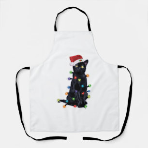 Black Santa Cat with christmas lights Apron