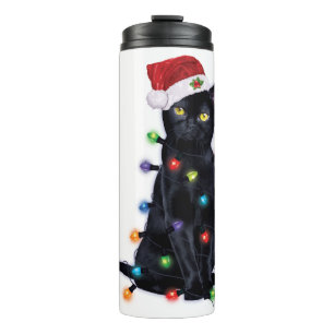 Black Santa Cat with christmas lights Thermal Tumbler