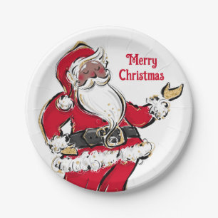 Black Santa Christmas Holiday Party Paper Plates