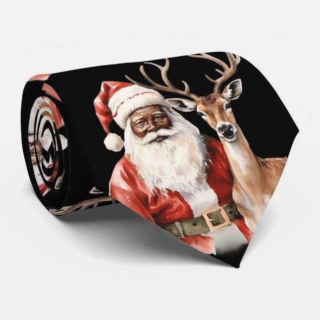 Black Santa Claus and Deer Tie (Rolled)